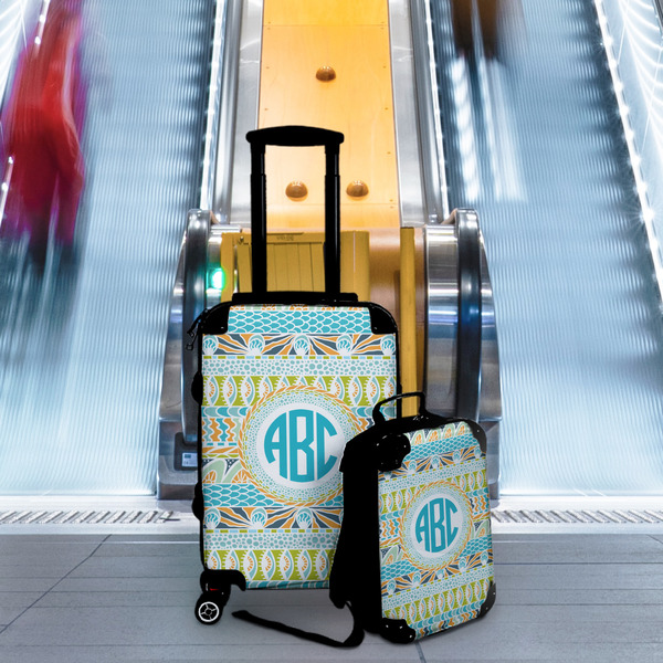 Abstract Teal Stripes Suitcase Set 4 - IN CONTEXT
