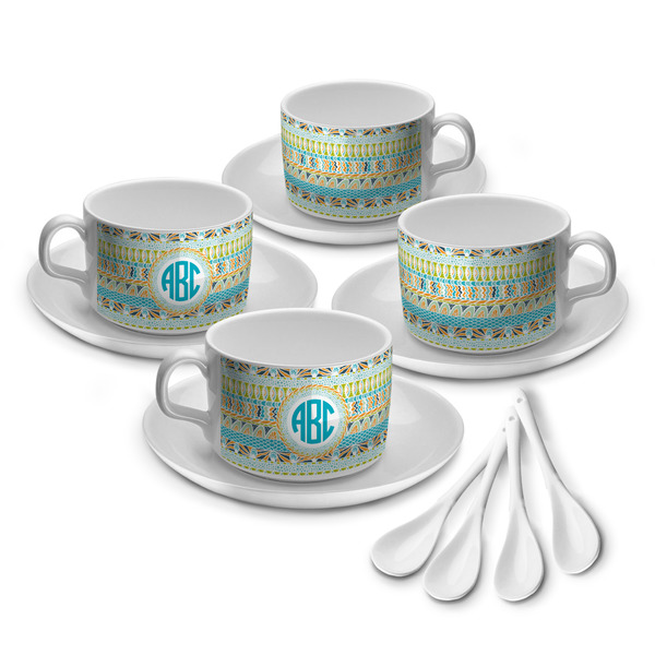Custom Abstract Teal Stripes Tea Cup - Set of 4 (Personalized)