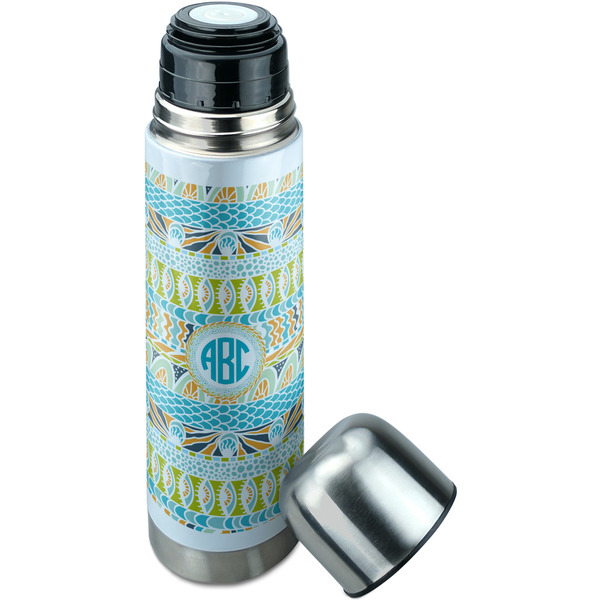 Abstract Teal Stripes Thermos - Lid Off