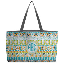 Abstract Teal Stripes Beach Totes Bag - w/ Black Handles (Personalized)