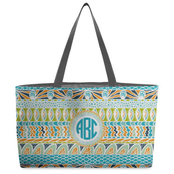 Custom Abstract Teal Stripes Beach Totes Bag - w/ Black Handles (Personalized)