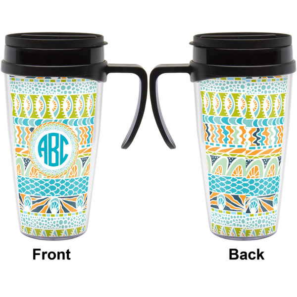 Abstract Teal Stripes Travel Mug with Black Handle - Approval