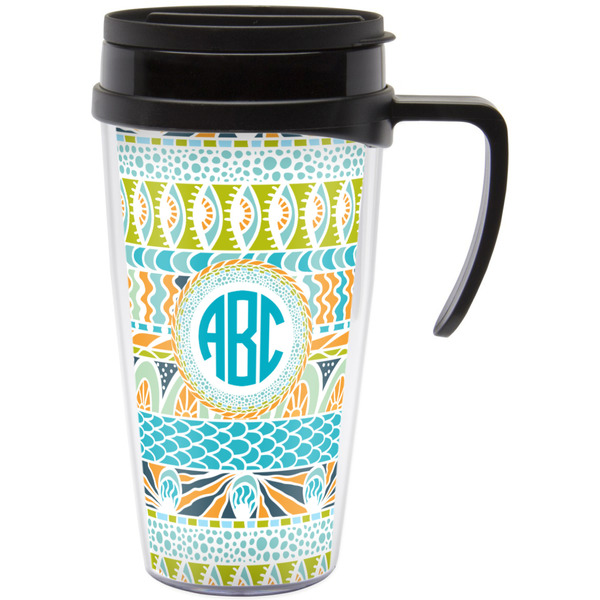 Custom Abstract Teal Stripes Acrylic Travel Mug with Handle (Personalized)