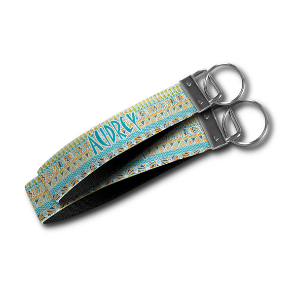 Abstract Teal Stripes Webbing Keychain FOBs - Size Comparison
