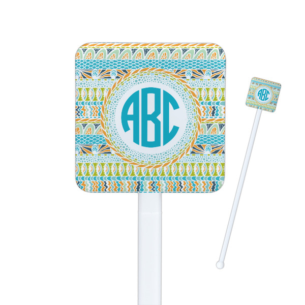 Custom Abstract Teal Stripes Square Plastic Stir Sticks - Single Sided (Personalized)