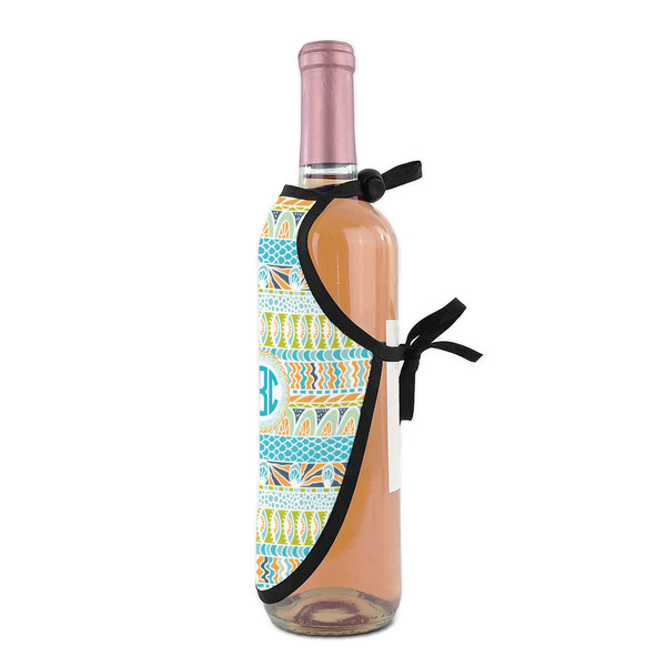 Abstract Teal Stripes Wine Bottle Apron - DETAIL WITH CLIP ON NECK
