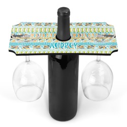 Abstract Teal Stripes Wine Bottle & Glass Holder (Personalized)