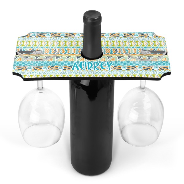 Custom Abstract Teal Stripes Wine Bottle & Glass Holder (Personalized)