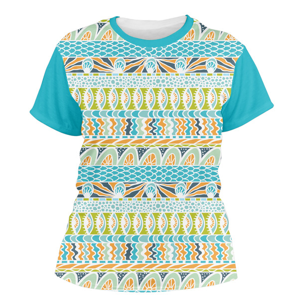 Custom Abstract Teal Stripes Women's Crew T-Shirt - Large