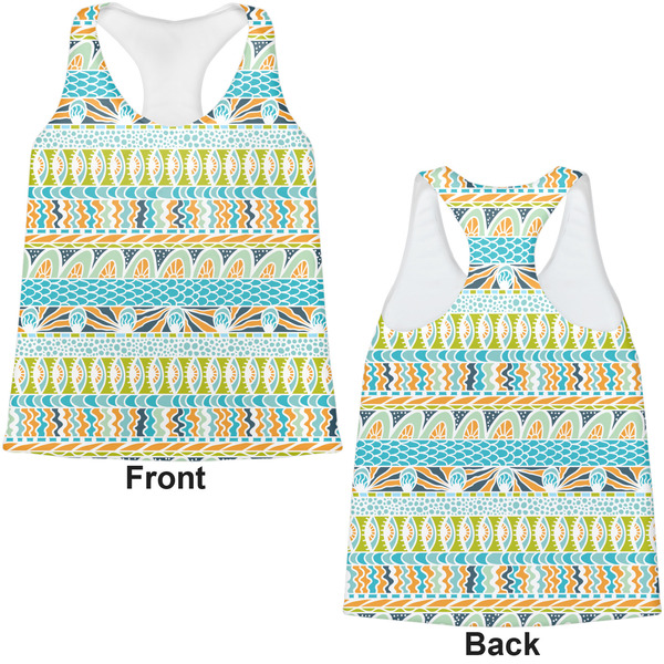 Abstract Teal Stripes Womens Racerback Tank Tops - Medium - Front and Back