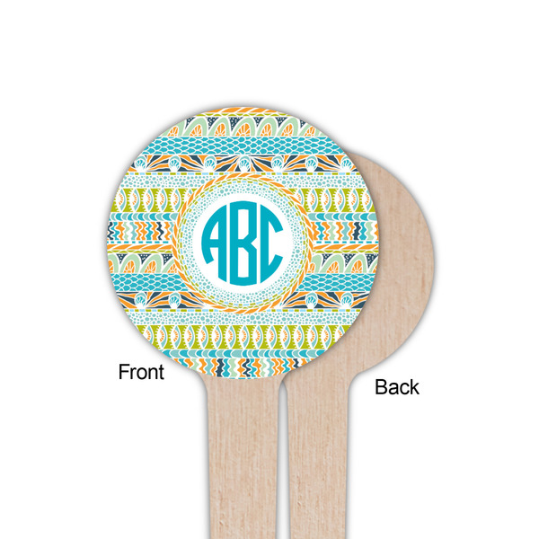 Abstract Teal Stripes Wooden 4" Food Pick - Round - Single Sided - Front & Back