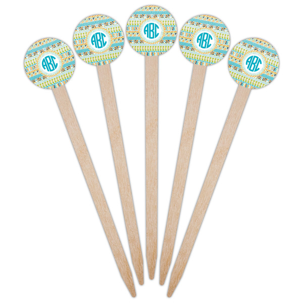 Abstract Teal Stripes Wooden 6" Food Pick - Round - Fan View
