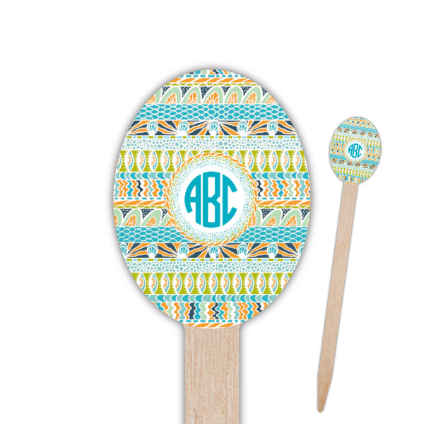 Custom Abstract Teal Stripes Oval Wooden Food Picks - Double Sided (Personalized)