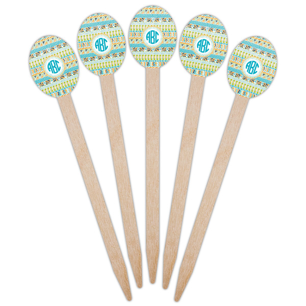 Abstract Teal Stripes Wooden Food Pick - Oval - Fan View