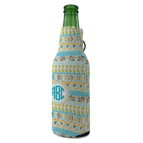 Abstract Teal Stripes Zipper Bottle Cooler - ANGLE (bottle)