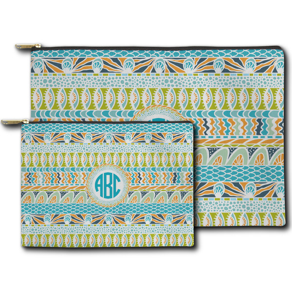 Abstract Teal Stripes Zippered Pouches - Size Comparison