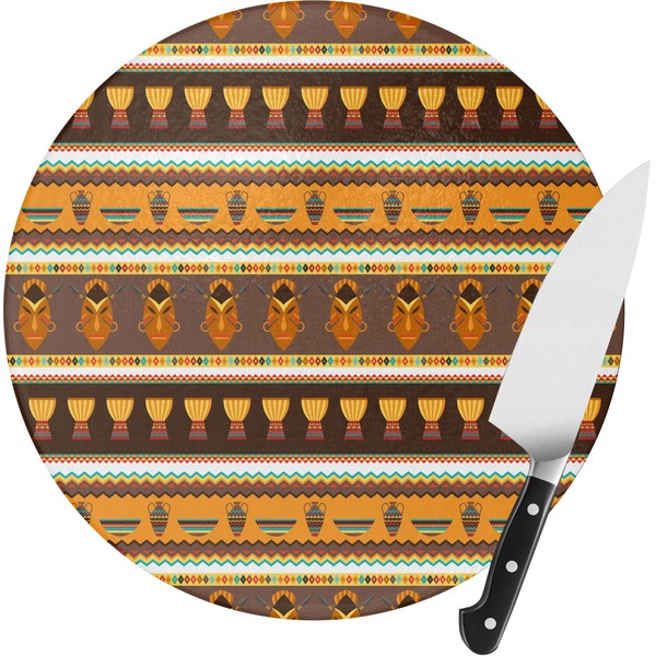 Custom African Masks Round Glass Cutting Board - Medium