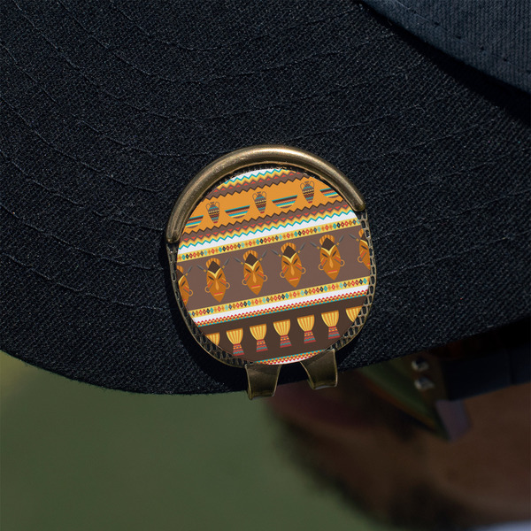 African Masks Golf Ball Marker Hat Clip - Gold - On Hat