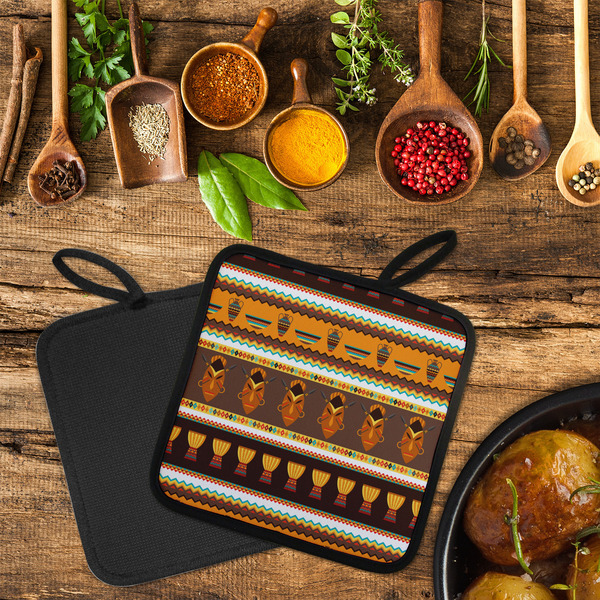 African Masks Neoprene Pot Holder - Set of 2  LIFESTYLE (Flatlay)