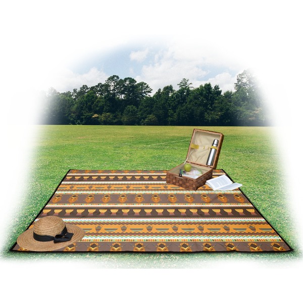 African Masks Picnic Blanket - with Basket Hat and Book - in Use