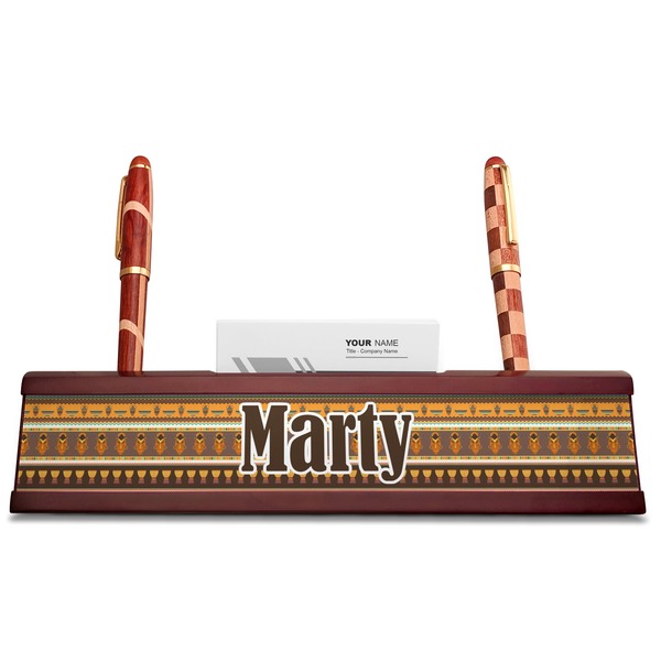 African Masks Red Mahogany Nameplates with Business Card Holder - Straight