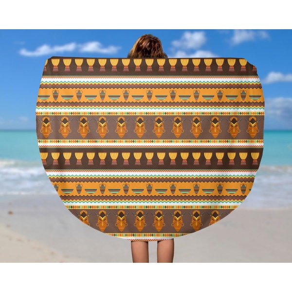African Masks Round Beach Towel - In Use