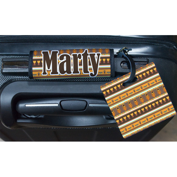 African Masks Square Luggage Tag & Handle Wrap - In Context
