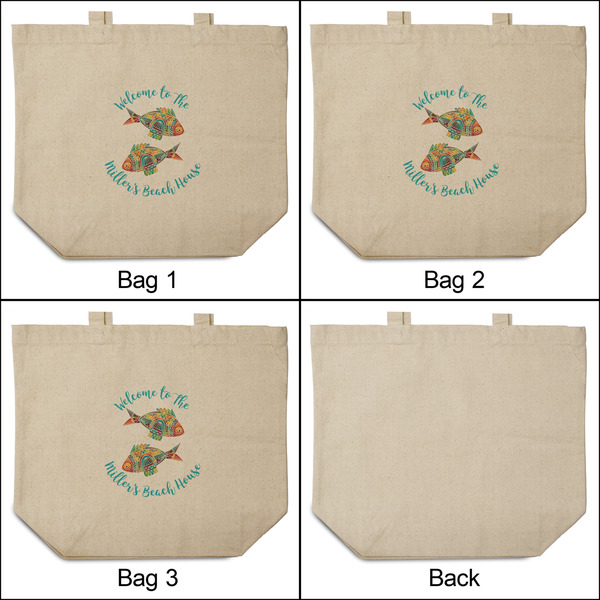 Mosaic Fish 3 Reusable Cotton Grocery Bags - Front & Back View