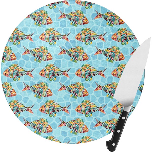 Custom Mosaic Fish Round Glass Cutting Board - Small