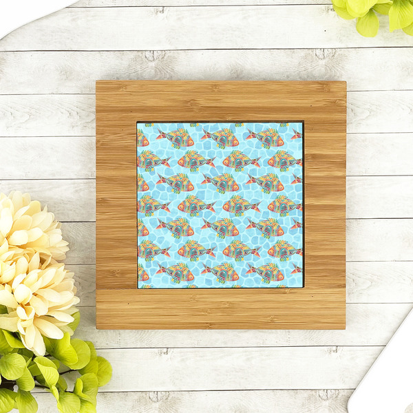 Mosaic Fish Bamboo Trivet with 6" Tile - LIFESTYLE