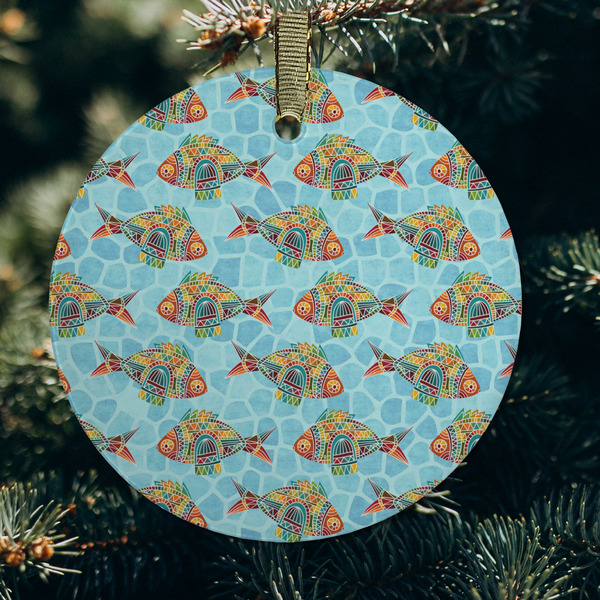 Mosaic Fish Frosted Glass Ornament - Round (Lifestyle)