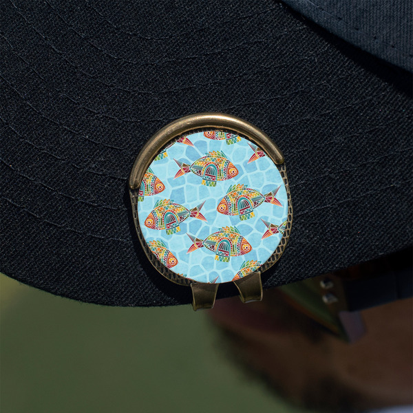 Mosaic Fish Golf Ball Marker Hat Clip - Gold - On Hat