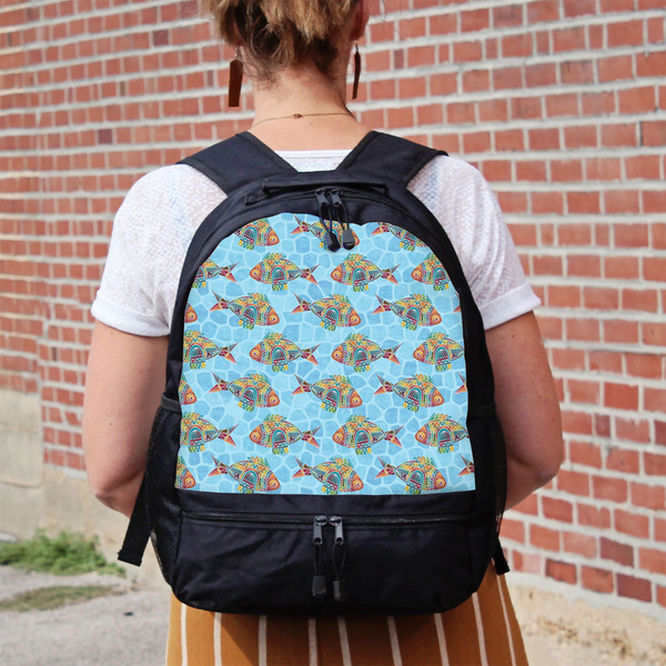 Mosaic Fish Large Backpack - Black - On Back