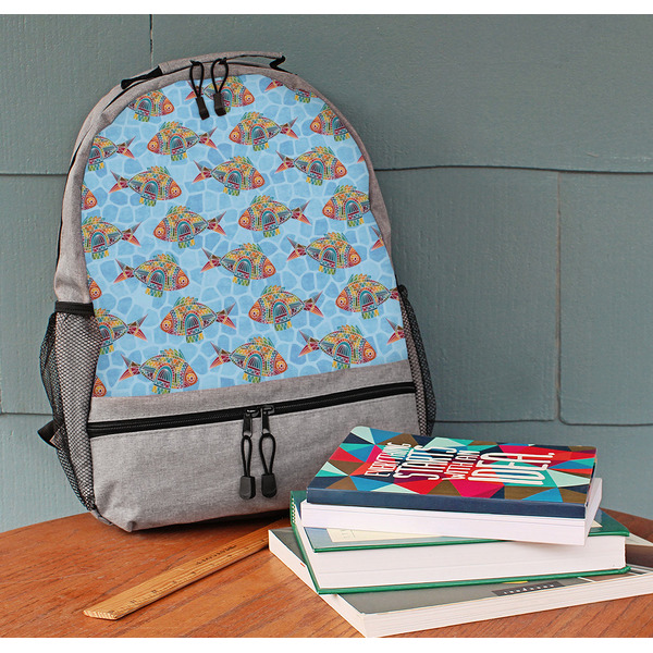 Mosaic Fish Large Backpack - Gray - On Desk
