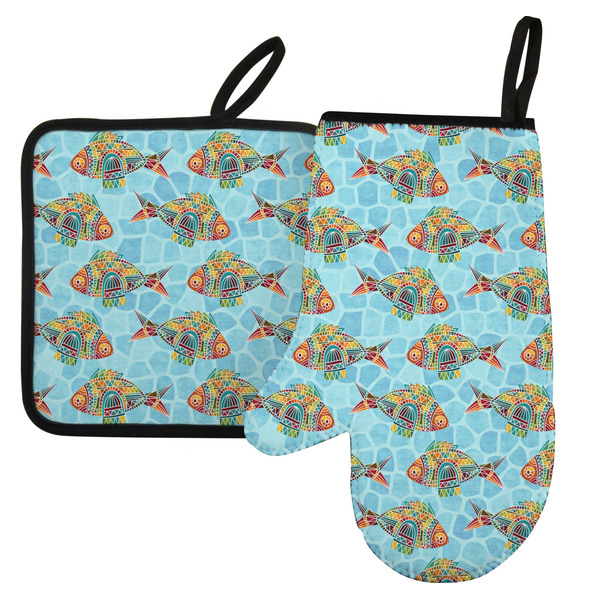 Custom Mosaic Fish Left Oven Mitt & Pot Holder Set