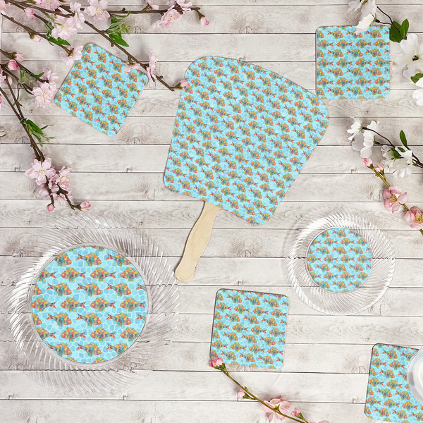 Mosaic Fish Party Supplies Combination Image - All items - Plates, Coasters, Fans