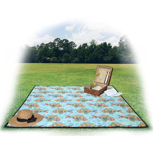 Mosaic Fish Picnic Blanket - with Basket Hat and Book - in Use