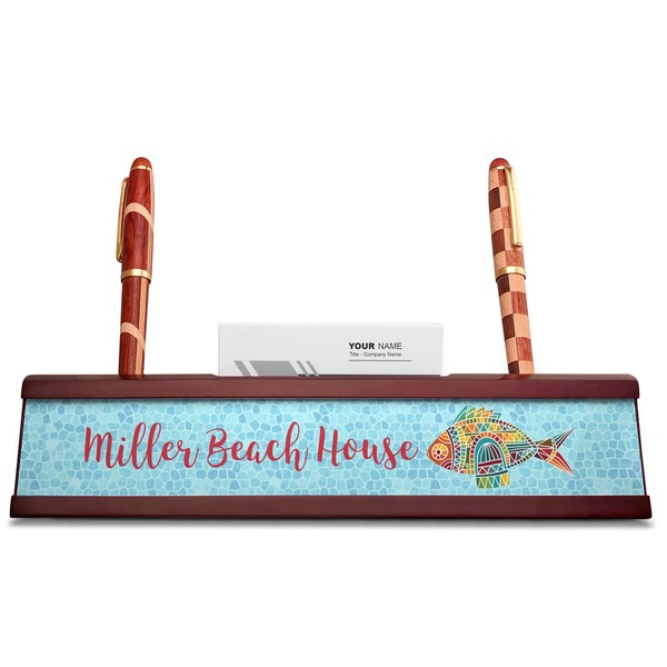 Mosaic Fish Red Mahogany Nameplates with Business Card Holder - Straight