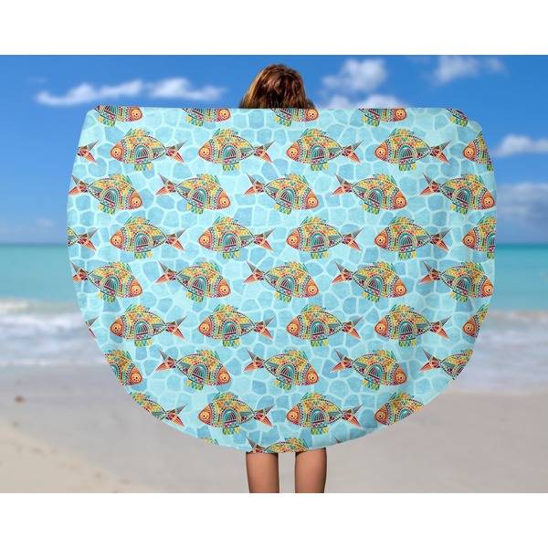 Mosaic Fish Round Beach Towel - In Use