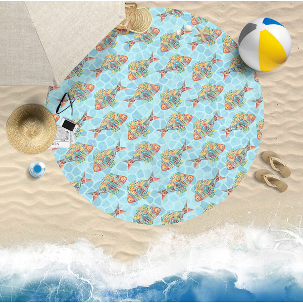 Mosaic Fish Round Beach Towel Lifestyle