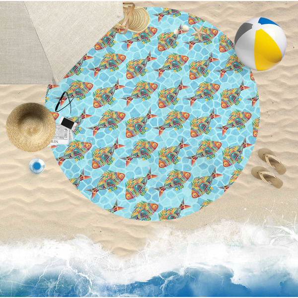 Mosaic Fish Round Beach Towel Lifestyle