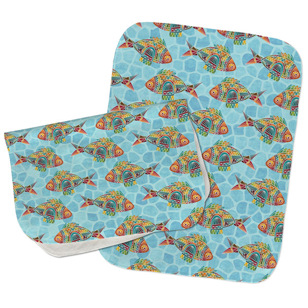 Mosaic Fish Two Rectangle Burp Cloths - Open & Folded