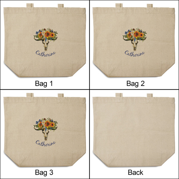 Sunflowers 3 Reusable Cotton Grocery Bags - Front & Back View