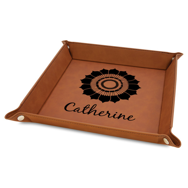 Custom Sunflowers 9" x 9" Leather Valet Tray w/ Name and Initial