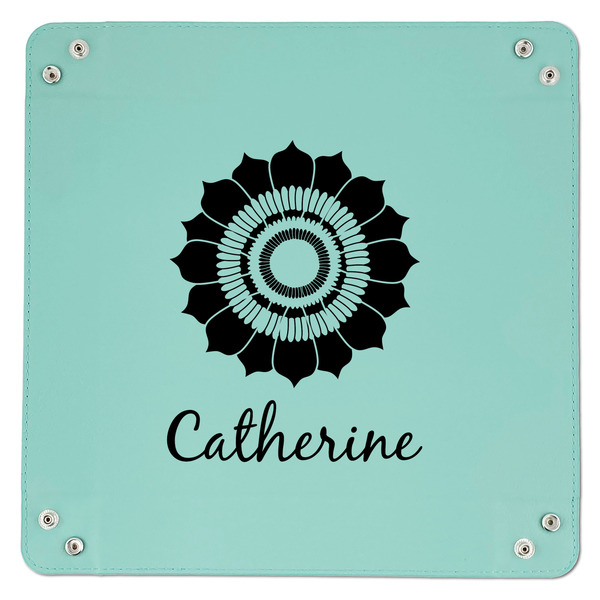 Sunflowers 9" x 9" Teal Leatherette Snap Up Tray - APPROVAL