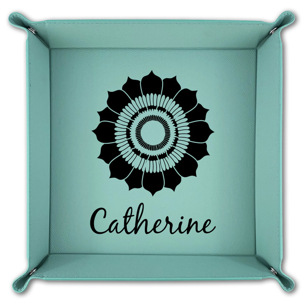 Sunflowers 9" x 9" Teal Leatherette Snap Up Tray - FOLDED