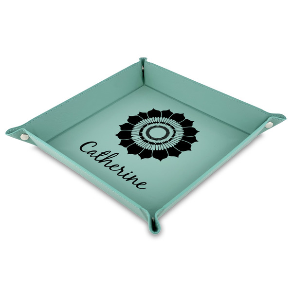 Custom Sunflowers 9" x 9" Teal Faux Leather Valet Tray (Personalized)