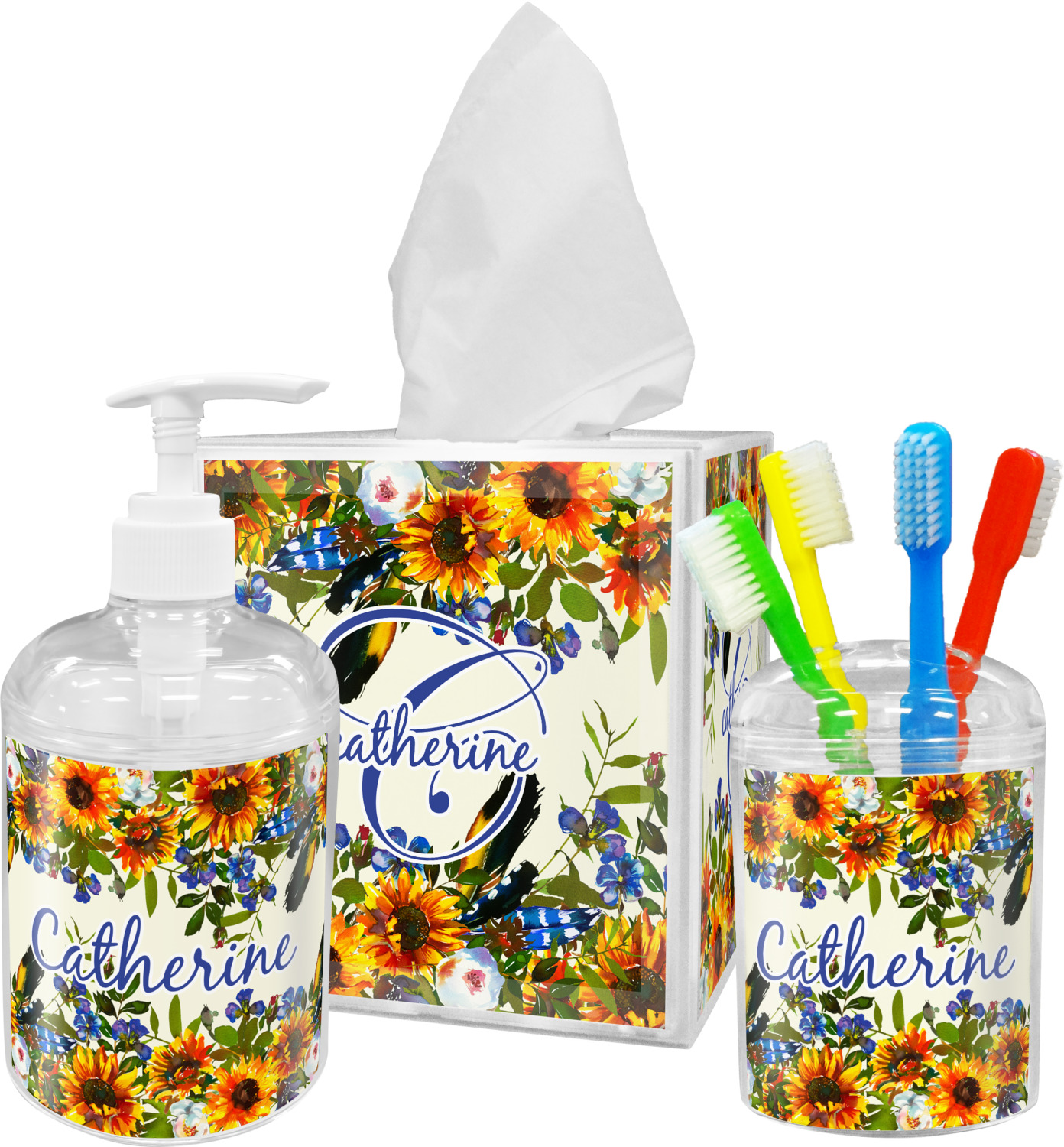 Sunflowers Acrylic Bathroom Accessories Set w/ Name and Initial