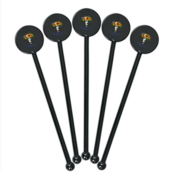 Sunflowers Black Plastic 5.5" Stir Stick - Round - Fan View