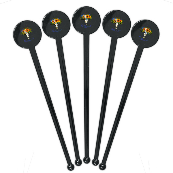 Sunflowers Black Plastic 7" Stir Stick - Round - Fan View